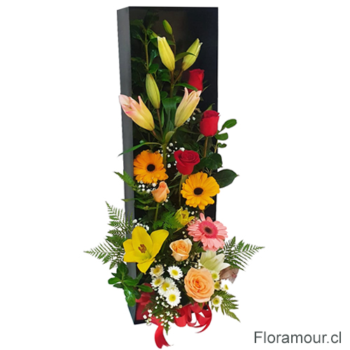 Sensacional Caja vertical abierta con rosas, liliums, gerberas y complementos